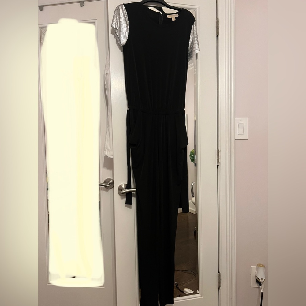Michael Kors Drapey silver sleeve tie belt jumpsuit